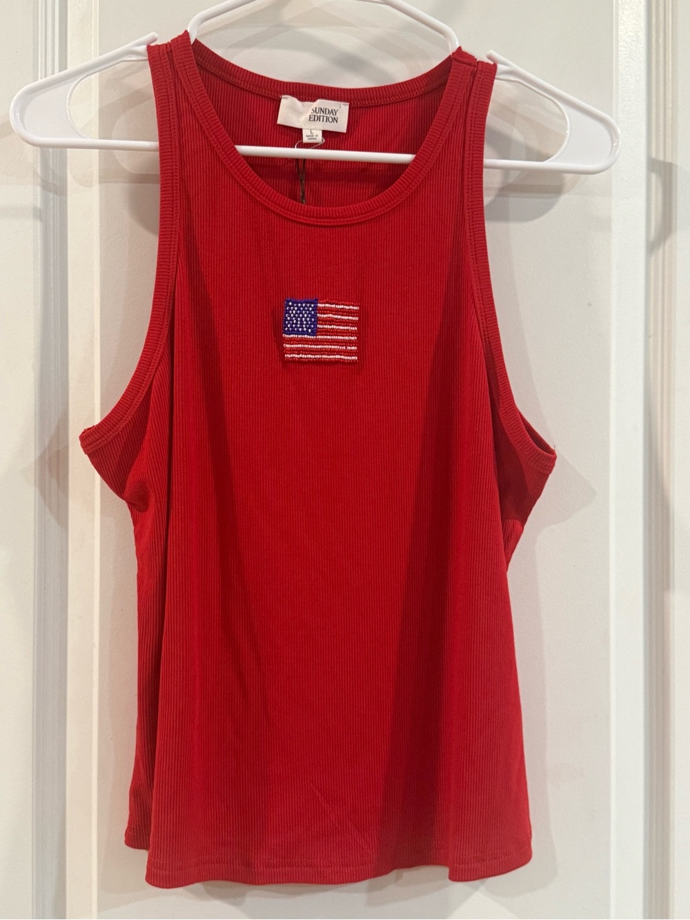 Sunday Edition Red Sleeveless Beaded Flag Tank Top -
